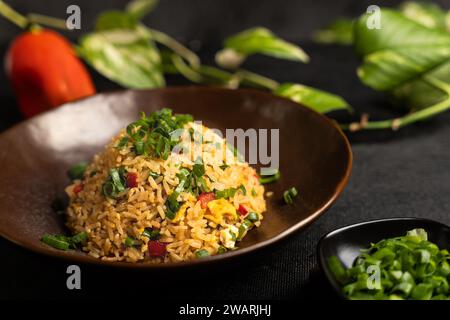 Nahaufnahme des peruanischen Gerichts Arroz chaufa, sehr beliebt in der peruanischen Kultur. Stockfoto