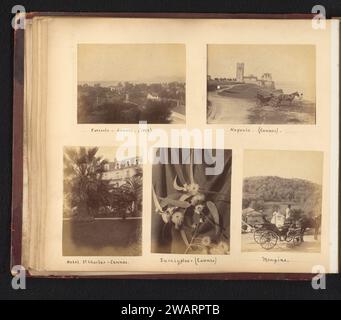 Verschiedene Orte in der Umgebung von Cannes, Anonym, 1890 - ab 1897 fotografieren Sie Gesichter auf Estereles, Mandelieu-la-Napoule und Mougins, ein Gesicht im Hotel St Charles in Cannes und eine Eukalyptuspflanze. Diese Seite ist Teil eines Albums. Frankreich fotografische Unterstützung Albumendruck Stadtansicht im Allgemeinen; „Veduta“. Hotel, Hostelry, inn. Bäume: Palmen. Pflanzen (im Allgemeinen). Zugkraft für Tiere, Zugfahrzeug (Kutsche usw.) Cannes. Mougins. Frankreich Stockfoto