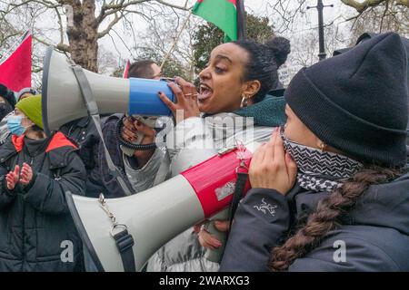 London Großbritannien. Januar 2024. Die Menschen protestieren, nachdem die Polizei das PA-System ergriffen hatte, als sich die Freie Palästinensische Koalition auf der Straße vor dem Jakobspark versammelte, bevor sie marschierten, um die Westminster Bridge zu blockieren, um einen Protest zu fordern, der einen vollständigen, bedingungslosen Waffenstillstand in Gaza forderte. das Vereinigte Königreich soll aufhören, Israel zu bewaffnen, und die israelische Besetzung Palästinas beenden. Peter Marshall/Alamy Live News Stockfoto