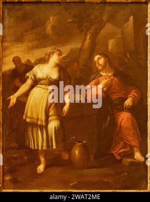 VICENZA, ITALIEN - 7. NOVEMBER 2023: Gemälde von Jesus und der Samaritanerin in der Kirche Chiesa di Santo Stefano von unbekanntem Künstler. Stockfoto