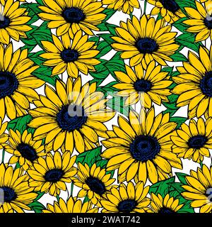 Nahtloses Muster großer gelber Blumen, sich wiederholendes Design, Textur, Hintergrund Stockfoto