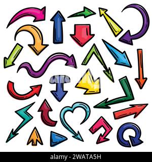 Satz von hellen mehrfarbigen Vektorkritzelpfeilen, die in verschiedenen Richtungen handgezeichnet sind Stock Vektor