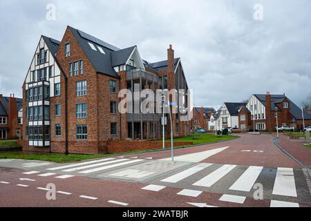 Neue Gebäude im Cottage-Stil in einem neuen Viertel in Waddinxveen, Niederlande. Stockfoto