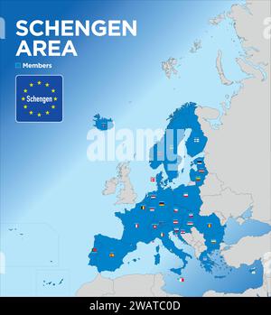 Karte des Schengen-Raums mit der territorialen Aufteilung der staaten mit Namen und Flaggen der Nationen, Europa, Vektor-Illustration Stock Vektor