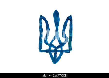 Das Wappen der Ukraine in Blau auf weißem Hintergrund Stockfoto