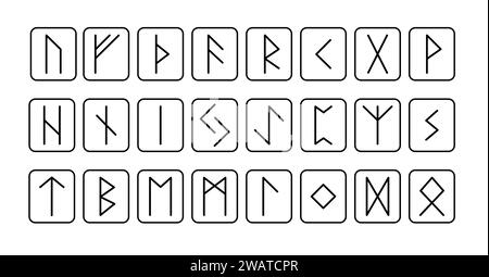 Alte Runen Set, altes skandinavisches spirituelles Alphabet einfache lineare Hand gezeichnete Vektorillustration, wikingertypografie, okkulte Buchstaben, mystische mittelalterliche Zeichen, esoterisches Konzept Stock Vektor