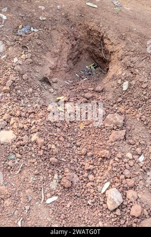 Ein paar Stunden zuvor ausgegrabenes Aardvark-Loch, Nkhotakota Wildlife Reserve, Malawi Stockfoto