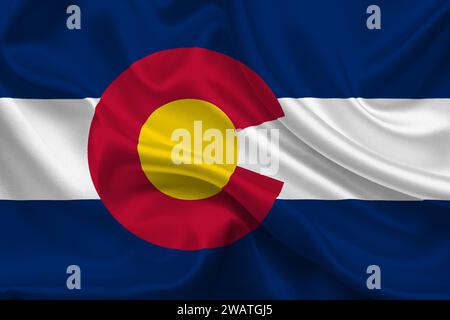 Detaillierte Flagge von Colorado. Colorado-Bundesflagge, Colorado-Nationalflagge. Flagge des Bundesstaates Colorado. USA. Amerika. Stockfoto