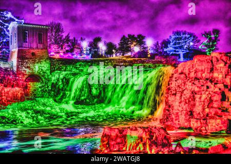 Gemalter Effekt eines Fotos des Sioux Falls Park Wanderlichts mit Weihnachtsbeleuchtung im Winter Stockfoto