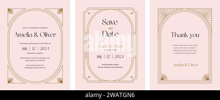 Minimalistische Art déco-Kollektion für Hochzeit und Save the Date. Elegante, luxuriöse Einladungsvorlagen Stock Vektor