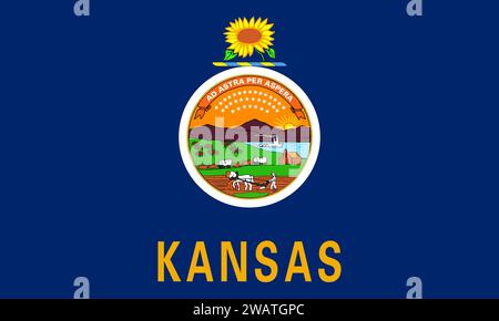 Detaillierte Flagge von Kansas. Kansas-Staatsflagge, Kansas-Nationalflagge. Flagge des Bundesstaates Kansas. USA. Amerika. Stockfoto