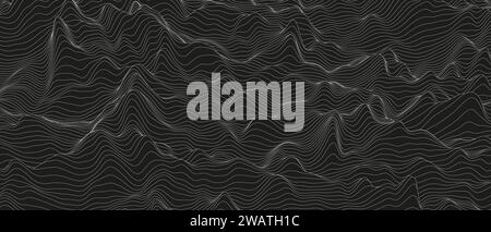 Abstrakter Hintergrund mit verzerrten Linienformen auf schwarzem Hintergrund. Monochrome Schalllinienkurven. Stock Vektor