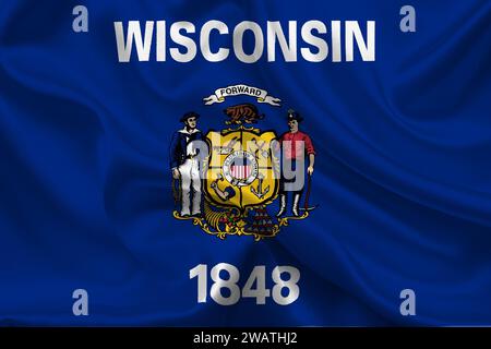 Detaillierte Flagge von Wisconsin. Wisconsin Staatsflagge, National Wisconsin Flagge. Flagge des Bundesstaates Wisconsin. USA. Amerika. Stockfoto