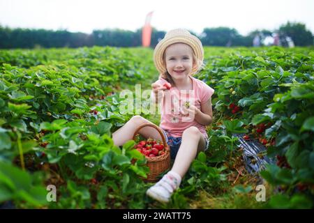 Süßes Vorschulmädchen pflückt frische Bio-Erdbeeren auf dem Bauernhof. Köstlicher, gesunder Snack für kleine Kinder. Sommeraktivitäten im Freien für wenig Stockfoto