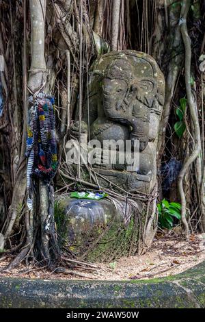 Eine aus Stein geschnitzte Statue von Ganesha, dem elefantenköpfigen hinduistischen Gott, sitzt neben einem Baum in Pinnawala in Sri Lanka. Ganesha ist einer der verehrtesten Götter. Stockfoto