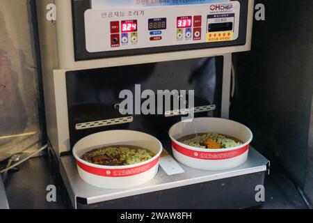 Seoul, Südkorea - 11. Oktober 2022: Convenience Store Instant Noodle oder Ramyeon Cooker. Es ist das berühmte Essen für den Han River Park. Stockfoto