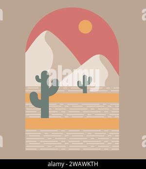 Boho Boho-Logo-Kaktus in minimalem Stil. Landschaftsdesign mit Kakteen-Logo in Boho-Farbe, geometrisches abstraktes Design zur Dekoration. Stock Vektor