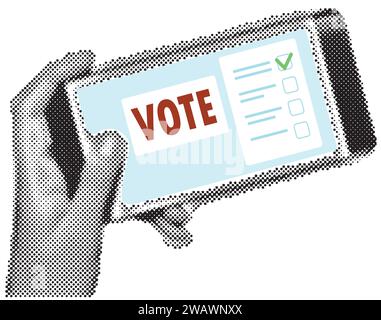 Halftone Collage Handheld Smartphone mit Abstimmungstaste auf dem Display. Online-Wahl und Wahlkonzept. Vektorabbildung Stock Vektor