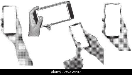 Satz von Halbtonhänden mit Smartphone. Abbildung mit Handheld Telefon mit leerem Display. Sammlung von Collage-Elementen. Vektorabbildung Stock Vektor