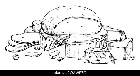 Handgezeichnete Vektortinte Illustration. Käsesortiment Mozzarella Parmesan edam emmental gruyere gorgonzola. Zusammensetzung isoliert auf weiß Stock Vektor