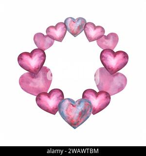 Runder Rahmen aus einfachen Vektor Aquarell Flieder Herzen für Happy Valentinstag Karte oder T-Shirt Design. Romantik, Beziehung und Liebe. Herz Stock Vektor