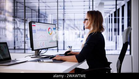 Data Analyst mit dem KPI-Dashboard von Data Analytics Stockfoto