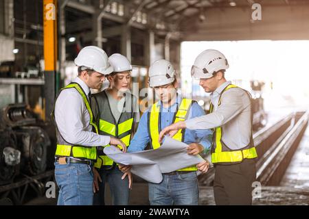 Eine Gruppe von Fachleuten aus der Industrie Brainstorming Teambuilder Architekt und Techniker sprechen gemeinsam über Beratung im Baustellenbau für die Renovierungsplanung Stockfoto