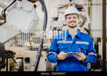 Porträt glücklicher lächelnder Ingenieur Servicemitarbeiter in der Roboterwerkstatt Roboterarm-Anlagenmontageindustrie. Stockfoto