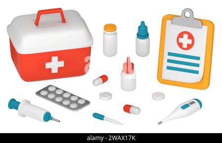 Ein erste-Hilfe-Kasten mit medizinischem Zubehör. Satz von medizinischen Gegenständen, Thermometer, Spritze, Pipette, Tabletten. 3D-Vektorillustration isoliert auf einem weißen Hintergrund Stock Vektor