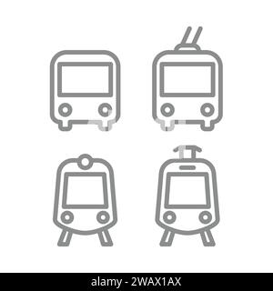 Vektorsymbole für öffentliche Verkehrsmittel. Bus-, Straßenbahn-, Zug- und U-Bahn-Symbol-Set. Bearbeitbare Kontur. Stock Vektor