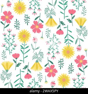 Nahtloses Blumenmuster von Blumen und Blättern in Gelb, Grün, Rosa auf weißem Hintergrund. Tapetendesign für Textilien, Stoffe, Dekorationen, Papierdrucke, Modehintergründe, Verpackung Von Verpackungen. Stock Vektor