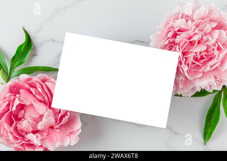 Gruß, Einladung leere Karte mit rosa Pfingstrose Blumen auf weißem Marmorhintergrund, Kopierraum. Mock-Up. Flache Lagen. Draufsicht. Romantischer Hochzeitsurlaub Stockfoto