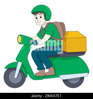 Vektor-Design-Illustration Kunst, Kuriermann in grün gekleidet fährt ein Motorrad mit einem Paket Stock Vektor