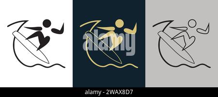 Surfendes Symbol Piktogramm auf Farbe Schwarz und weiß 3 Stil Logo Sommer Sport Ereignis Icon Vektor-Illustration abstraktes bearbeitbares Bild Stock Vektor