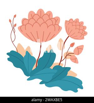 Blühende Blumen Blumenstrauß Blütenblätter Blütenzweige Blätter isoliert auf weißem Hintergrund vertikal Stock Vektor