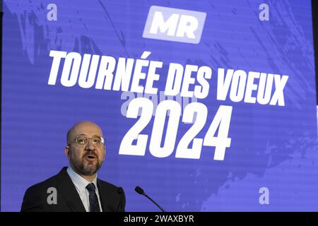 Louvain La Neuve, Belgien. Januar 2024. Der Präsident des Europäischen Rates, Charles Michel, hält eine Rede auf dem nationalen Neujahrskongress der französischsprachigen liberalen Partei MR (Mouvement Reformateur) am Sonntag, den 7. Januar 2024, in Louvain-la-Neuve. BELGA FOTO NICOLAS MAETERLINCK Credit: Belga News Agency/Alamy Live News Stockfoto