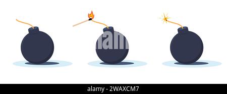 Bomben mit brennendem Docht und passen mit Feuer zusammen. Rundes schwarzes Militärelement. Explosives Dynamit. Sprengkörper. Bereit, die Waffe zu explodieren. TNT-Ausleger Stock Vektor