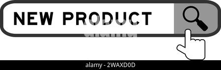 Suchbanner in Wort neues Produkt mit Symbol für die Handlupe auf weißem Hintergrund Stock Vektor
