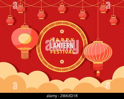Chinesisches Laternen-Festival-Poster. Traditionelle asiatische Elemente, festliche dekorative Lampen aus Papier, Grußkarte, Webbanner Vorlage, Rot und Gold Stock Vektor