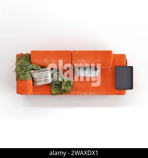 3D-Rendering eines orangen Sofas auf weißem Hintergrund Stockfoto