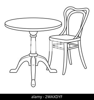 Klassischer Holzstuhl und Tisch. Schwarz-weiß. Vektorillustration auf weißem Hintergrund. Vektorabbildung Stock Vektor