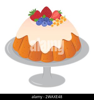 Pudding mit Sahne und Früchten auf Teller. Cartoon süßes Lebensmittel Element. Vektorillustration isoliert auf weißem Hintergrund. Stock Vektor