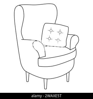 Heim Sessel mit Kissen Vektor Umrisssymbol. Bequemer Sessel mit Kissen auf weißem Hintergrund. Isolierter Outline-Heim-Sessel. Schwarz-weiß. Art Therapy Coloring Seite Vektor-Illustration Stock Vektor