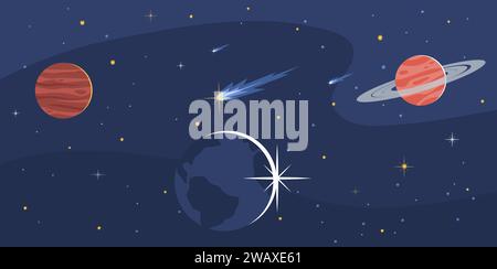 Weltraum mit Planeten, Sternen und Meteoriten. Saturn und mars in schwarzem Himmel, kosmische Erkundungshintergrund, Universumsforschungsbanner. Poster oder Wandbilder Stock Vektor