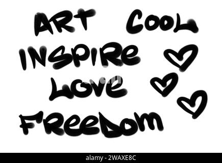 Sammlung von Graffiti Street Art Tags mit Wörtern und Symbolen in schwarzer Farbe auf weißem Hintergrund Stockfoto