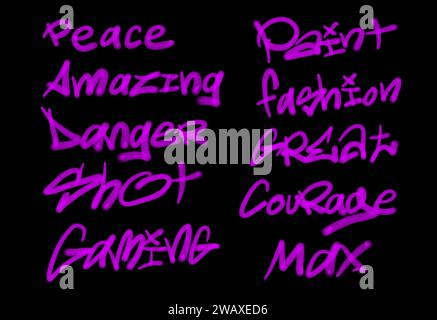 Sammlung von Graffiti Street Art Tags mit Wörtern und Symbolen in lila Farbe auf schwarzem Hintergrund Stockfoto