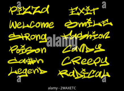 Sammlung von Graffiti Street Art Tags mit Wörtern und Symbolen in gelber Farbe auf schwarzem Hintergrund Stockfoto