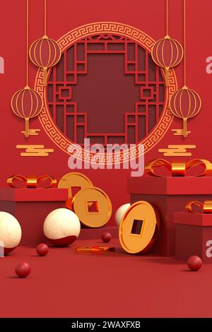 Glückliches chinesisches Neujahr 2024 das Drachen-Sternzeichen mit rotem und goldenem Charme, das Wohlstand und Reichtum symbolisiert. Luxuriöse 3D-Illustrationen für festliche Veranstaltungen Stockfoto