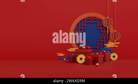 Glückliches chinesisches Neujahr 2024 das Drachen-Sternzeichen mit rotem und goldenem Charme, das Wohlstand und Reichtum symbolisiert. Luxuriöse 3D-Illustrationen für festliche Veranstaltungen Stockfoto