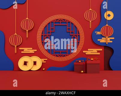 Glückliches chinesisches Neujahr 2024 das Drachen-Sternzeichen mit rotem und goldenem Charme, das Wohlstand und Reichtum symbolisiert. Luxuriöse 3D-Illustrationen für festliche Veranstaltungen Stockfoto